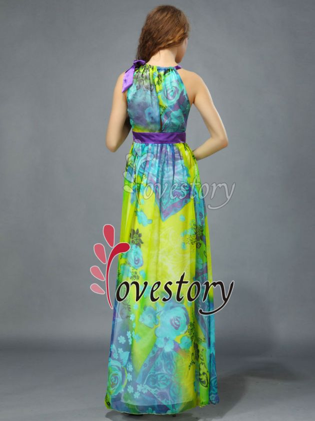 Colourful Flora Print Round Neck Empire Line Long Formal Gowns 09386 