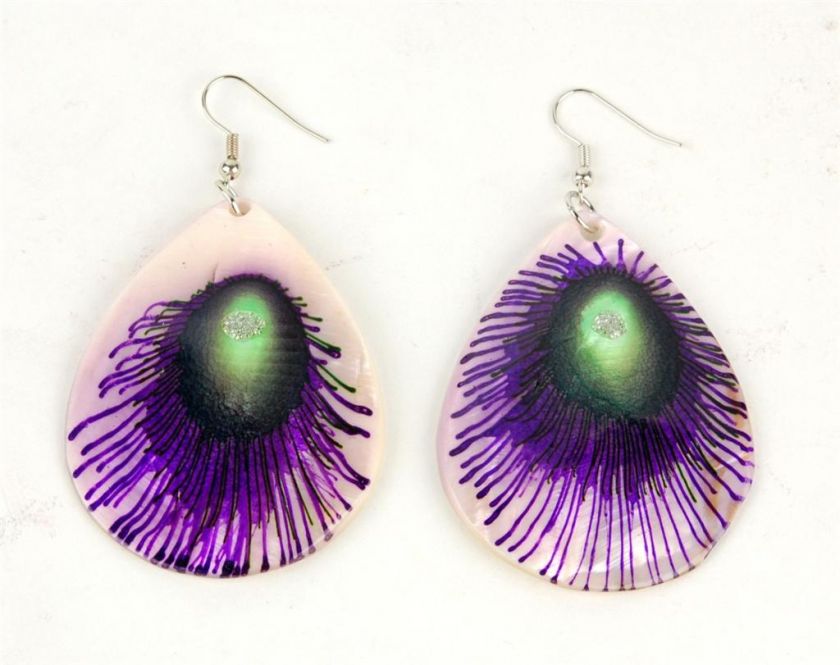 CAPIZ SHELL EARRINGS TEARDROP PEACOCK FEATHER Jewelry  