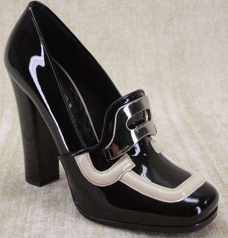 Womens Prada Black Ivory Patent Leather Pilgrim Buckle Pumps Heels 36 