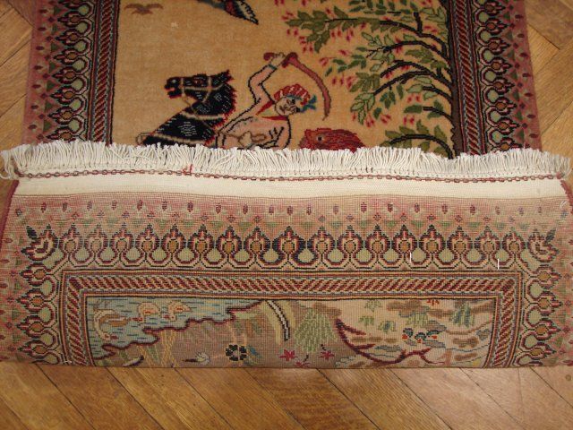 FINE PAIR OF PERSIAN QUM SILK RUG  HUNTER ON HORSE  