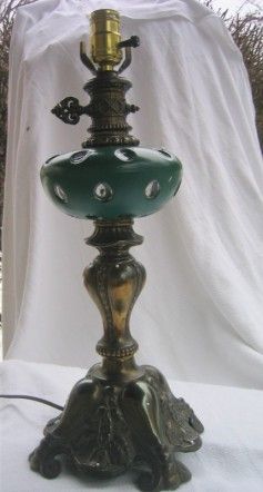 ANTIQUE GREEN DOTTED BRASS and GLASS TABLE LAMP  