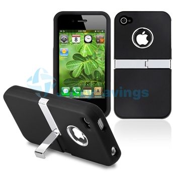 Black w/ Chrome Stand Hard CASE+PRIVACY Protector for VERIZON iPhone 4 