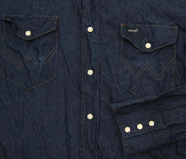 vtg Wrangler Dark BLUE DENIM WESTERN Work Shirt L 16 34 cowboy 90s usa 