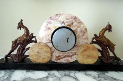 UNIQUE 3 PIECE ART DECO MANTEL CLOCK SET PINK VEIN AND BLACK SOLID 