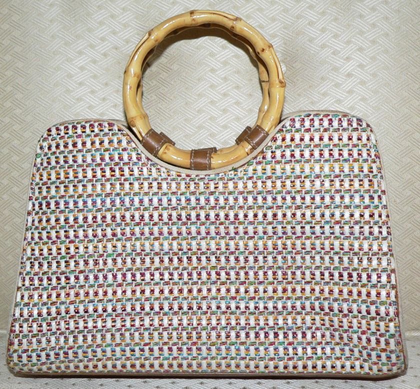 Fossil Beige Multicolor Woven Fabric Bamboo Wood Handle Bag Tote Purse 