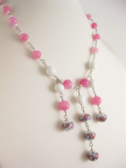 DESIGNER SS Pink Stone Milk Glass Bead Necklace  