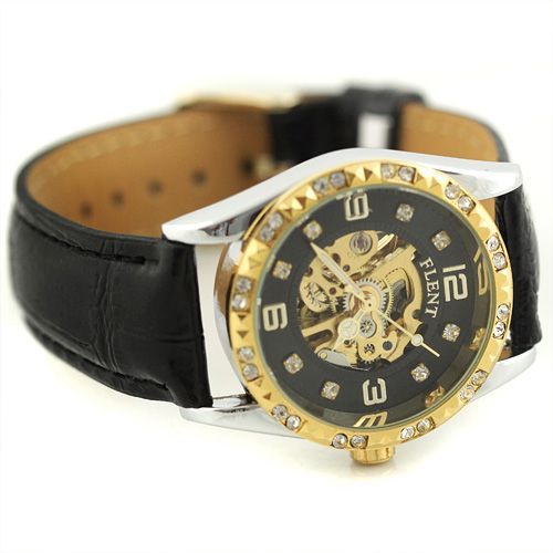 LUXURY DIAMOND WOMENS MECHANICAL AUTOMATIC GOLD DRESS WATCH LEATHER 