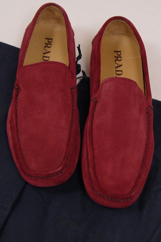 PRADA SHOES $465 BORDEAUX WINE SUEDE SIGNATURE SOLE PRADA LOGO DRIVER 