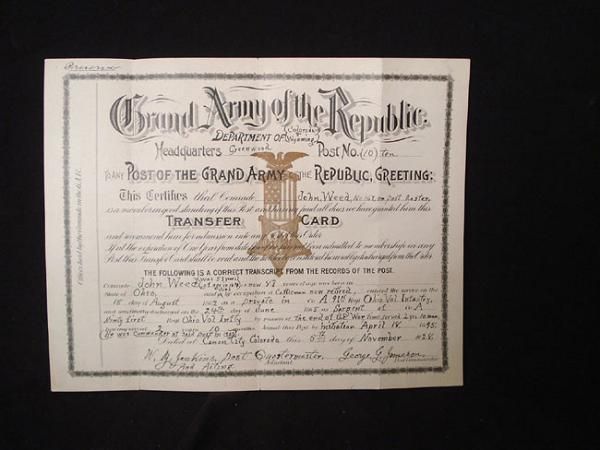 GAR TRANSFER CARD ~ 91ST OHIO INFANTRY ~ DEPT COLORADO WYOMING  