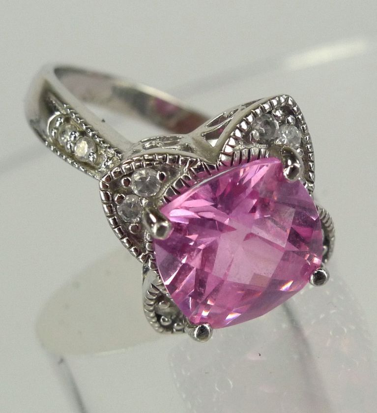 sz 9 RING sterling 925 silver Pillow Cut Pink Ice & CZ  