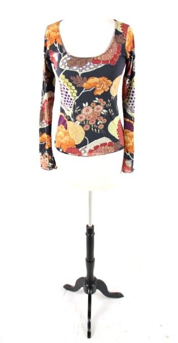 New WESTON WEAR Black Floral SCOOP NECK LONG SLEEVE SHIRT TOP BLOUSE L 