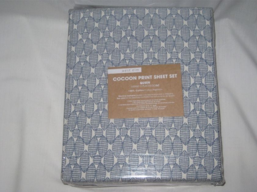 West Elm Blue Cocoon Print Queen Sheet Set New  