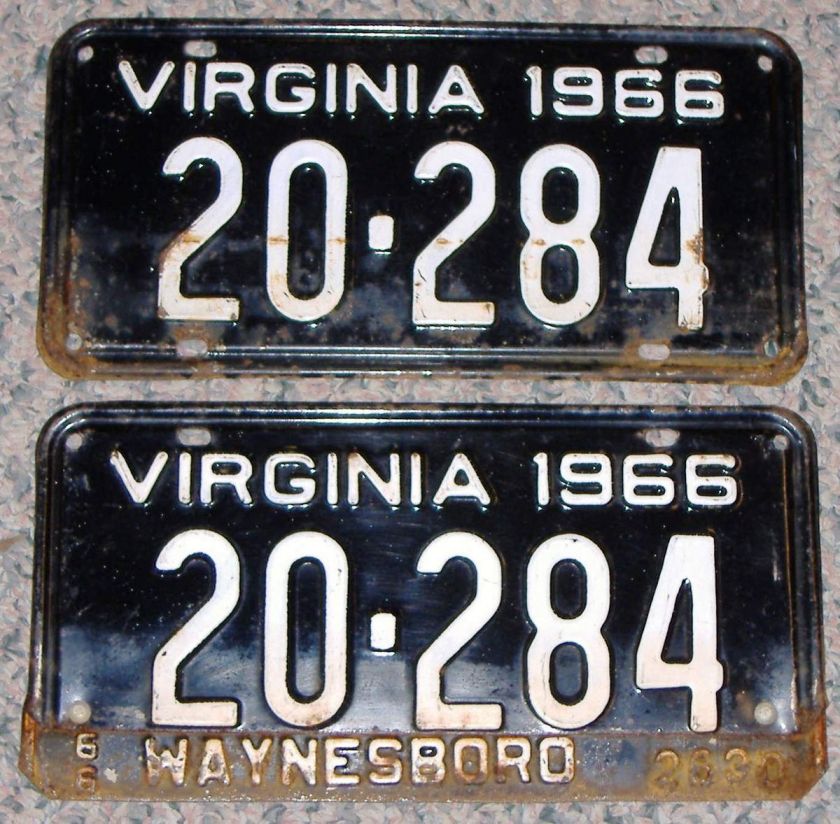   MATCHED PAIR 1966 VIRGINIA AUTO LICENSE PLATES VA TAGS  WAYNESBORO OLD