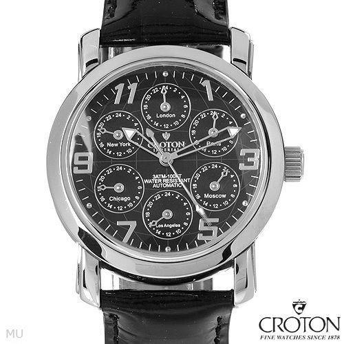 CROTON Watch Mens Imperial Automatic Skeleton 6 Time Zones Black 