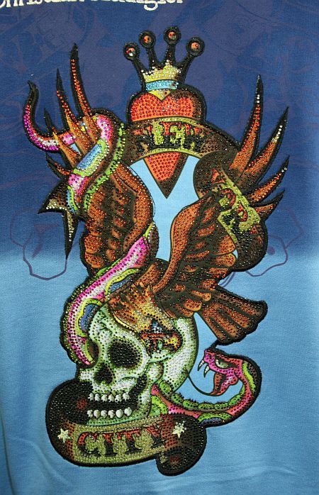 ED Hardy Mens Hoodie NEW YORK CITY dipdye Blue stones  