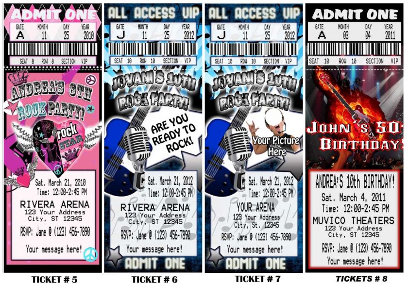 BOYS GIRLS ROCK STAR DIVA BIRTHDAY INVITATIONS VIP PASS AND FAVORS 