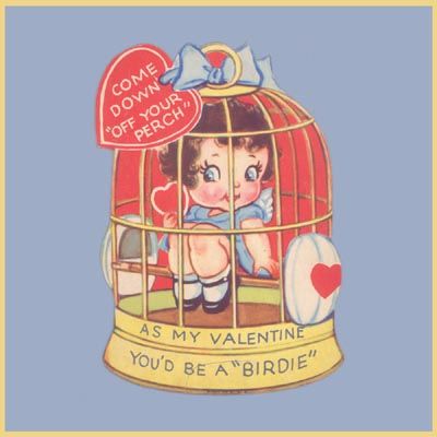 VTG Valentines Day Card GIRL IN CAGE Bird Perch 1940s  