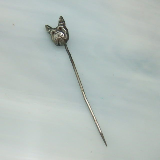   Silver Bulldog Dog Stick Pin Stickpin Garnet Eyes Vintage  