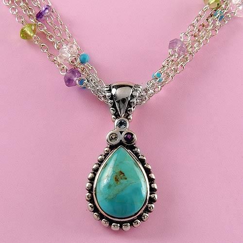 Turquoise Beads Beaded Sterling Silver Chain Necklace  