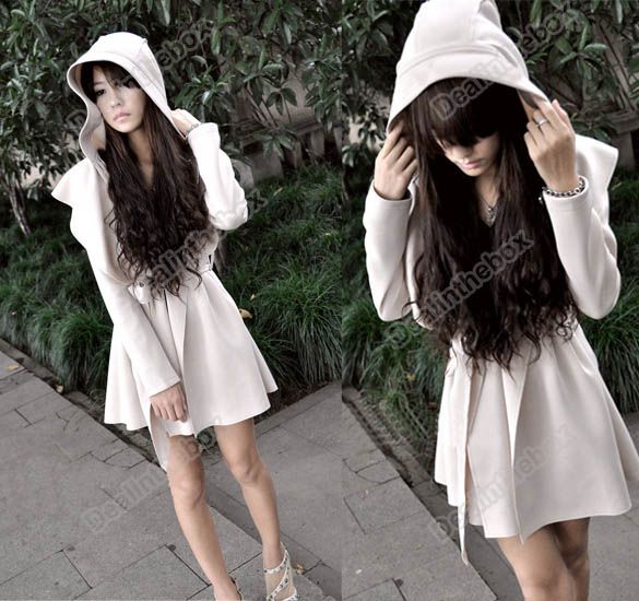 Womens Korea Hooded Trench Coat Jacket Ladies Belted Jacket Outerwear 