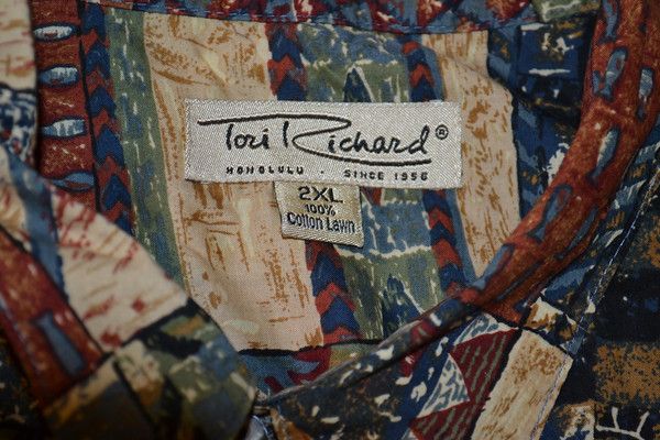 Tori Richard SHORT SLEEVE BLUE RED BROWN COTTON LAWN HAWAIIAN SHIRT 