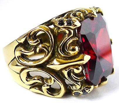   RUBY GOTHIC KNIGHT GOLD BRASS RING Sz 7.5 NEW PUNK ROCK EMO BIKER GOTH