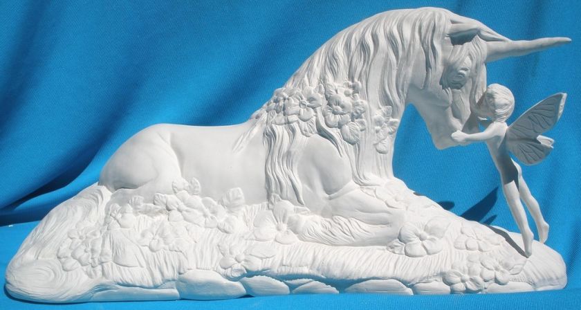 LARGE UNICORN WITH FAIRY CERAMIC BISQUE FANTASY  