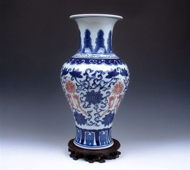 Blue&White Ox Blood Red Flower Fish Painted Vase 11 H  