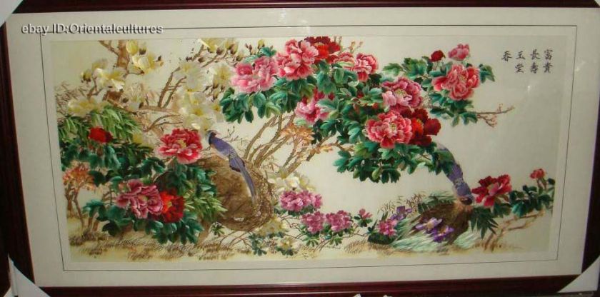 Chinese totally Hand su silk Embroidery artpeony birds  