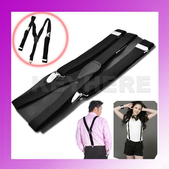 Clip on Unisex Pants Y back Suspender Brace Elastic Blk  