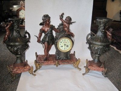   & Spelter French Cherub Clock w/ Garnitures 1890 WE OFFER LAYAWAY