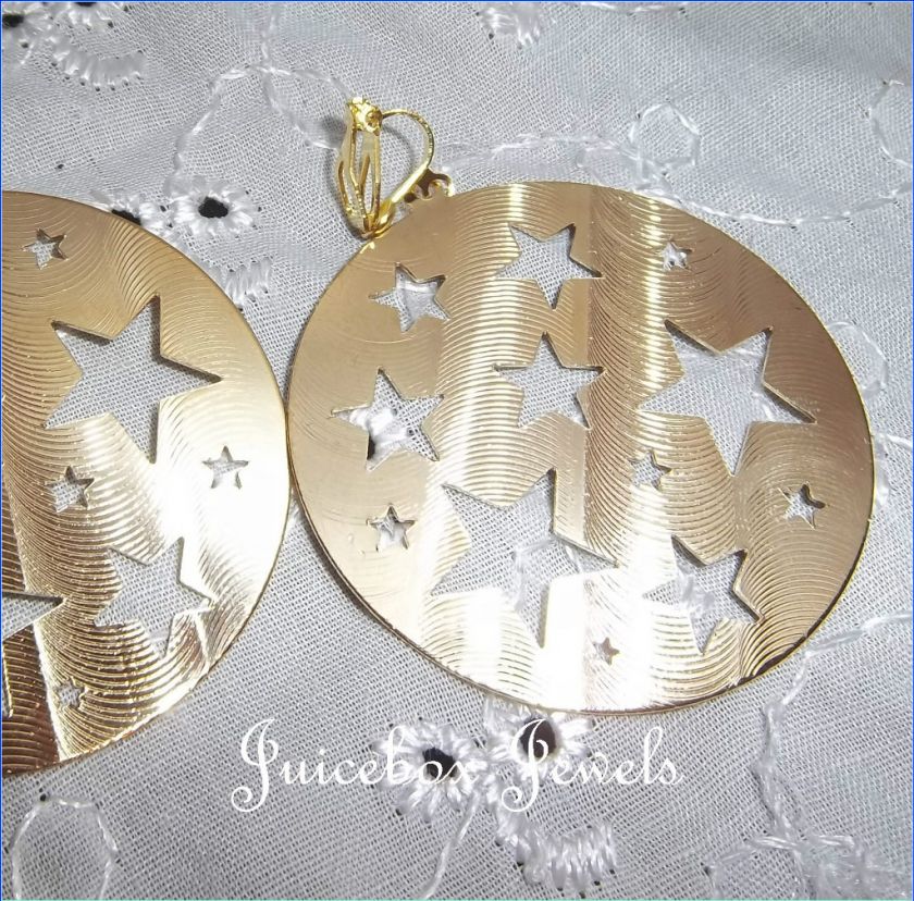 CLIP ON Stars 2 INCH Hoop Earrings Gold Tone Metal(B698) Juicebox 