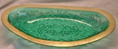 Gold Encrusted Rambler Rose Green Antique Glass Celery / Fish Tray 