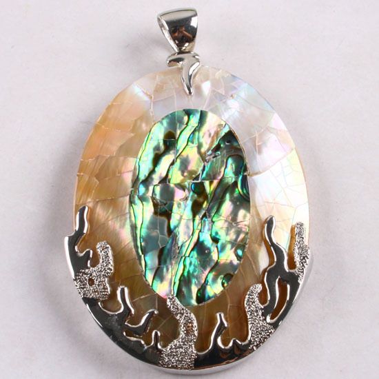 White Shell & Abalone Shell Crackle Oval Pendant 1pc  