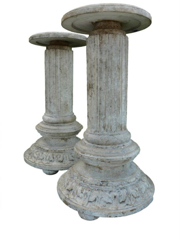   PEDESTALS CARVED WOOD FLUTED COLUMNS w ANTIQUED PAINT FINISH  