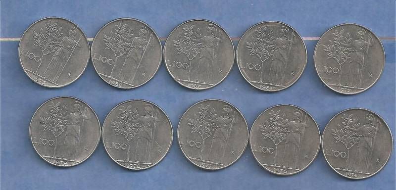 ITALY 100 L COIN DIFFERENT 10 PIECES 1972 87 SEE LIST  