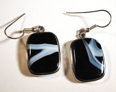 MEXICAN ONYX BANDED AGATE SS DANGLE EARRINGS 1 7/8  