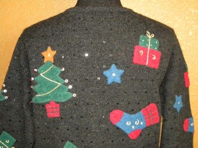 Ugly, Cute Wool Christmas Sweater Talbots Small Petite Cardigan, Trees 