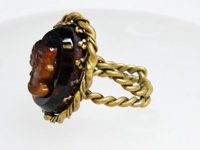 Vintage W. GERMANY Molded Glass Cameo Brass Adj. Ring  