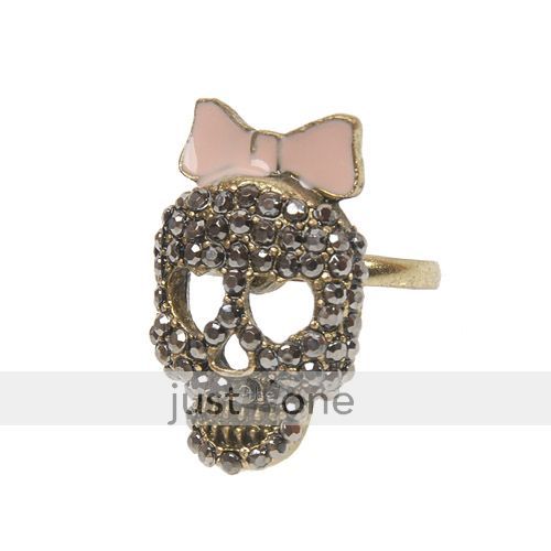 Fashion Lady Antique Skull Head Rhinestone Ring Bowknot  