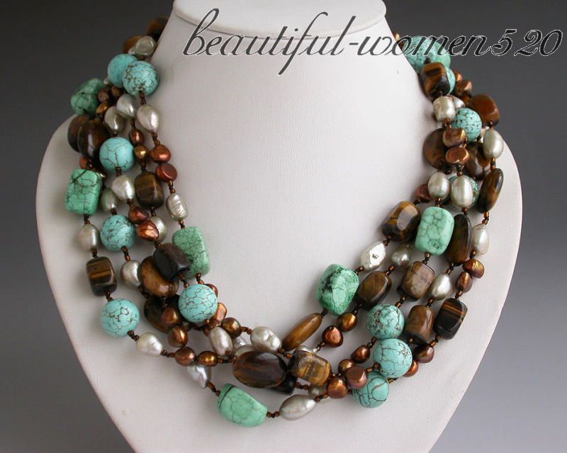 5row 20 coffee gray pearl massive tigers eye turquoise NECKLACE 