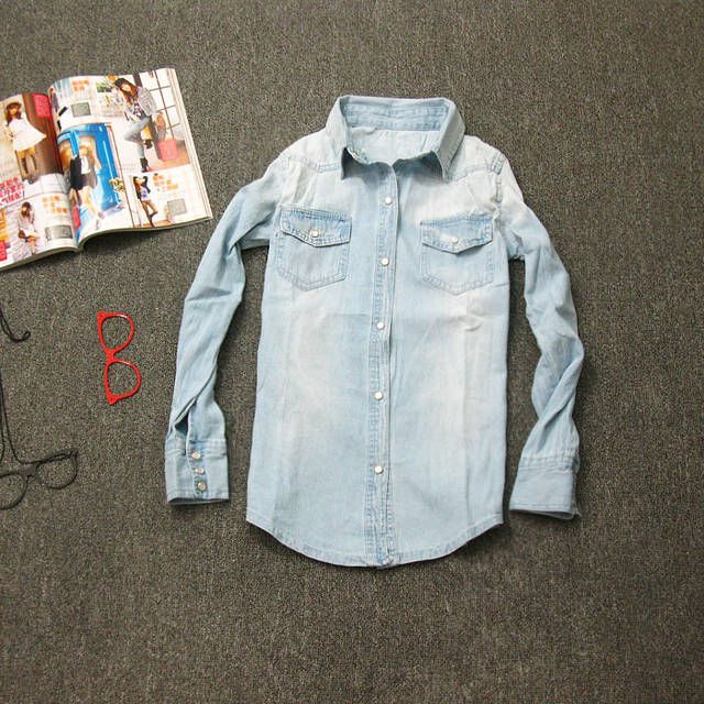   Retro vintage Long Sleeve Blue Jean Denim Shirt Tops Blouse Ibb  