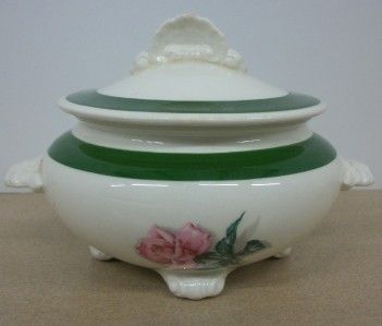   China Sugar Bowl With Lid Nautilus Green Rim Pink Rose Pattern  