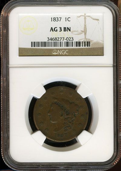 1837 NGC AG 3 BN LIBERTY HEAD LARGE CENT 1C KA74  