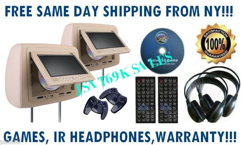 NEW TAN PAIR 7 LCD HEADREST DVD PLAYER MONITORS USB  