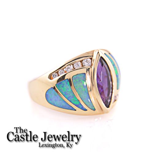 KABANA .18 CT DIAMOND MARQUIS AMETHYST OPAL INLAY 14K  