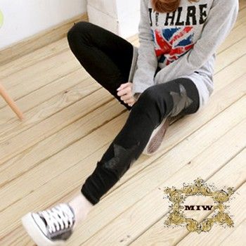 New Women Cotton Leggings with Trendy Blacks Leather Look Stars Prints 