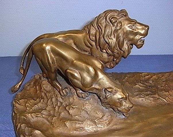 FANTASTIC LION BRONZE STATUE INKWELL ANTIQUE GERMAN  