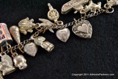 Vintage Sterling Silver Charm Bracelet Hearts Animals Skull Tank 