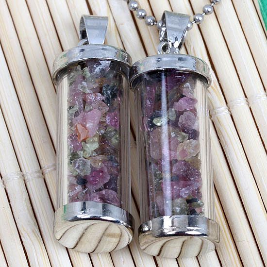 1pc Tourmaline Stone Chip Beads Glass Cylinder Pendant  